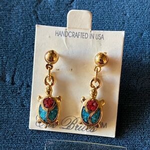 Gold-Tone Drop Turtle Earrings with Turquoise and Coral Inlay.